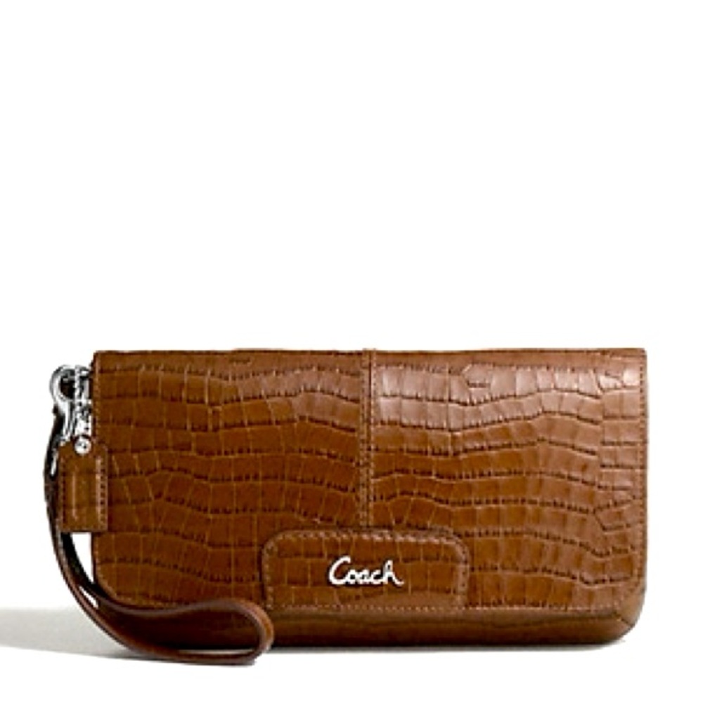 COACH Ashley Convertible Croc Embossed Leather Wristlet Clutch w Mini Hang Tag